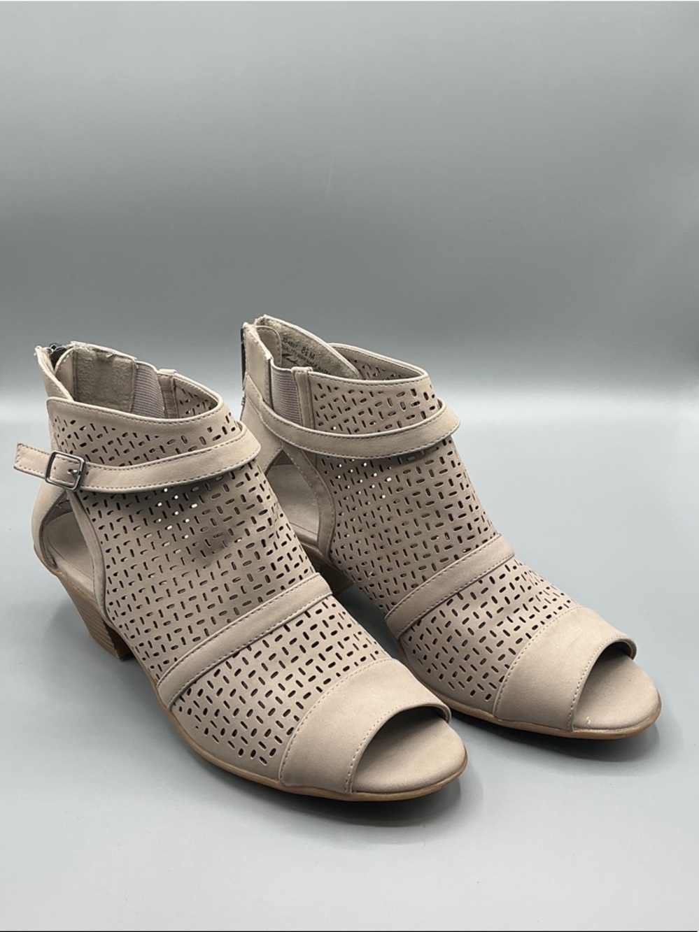 Easy Street Taupe Perforated Peep-Toe Ankle Bootie, size 8.5